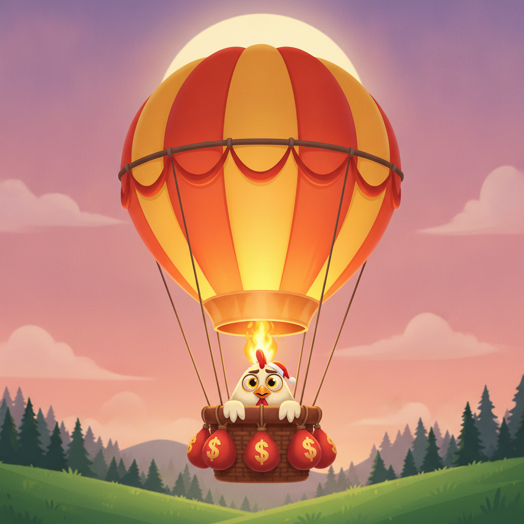BalloniX slot con mongolfiera dorata pilotata da pollo cartoon, cielo al tramonto viola e arancione, sacchi di denaro nel cesto