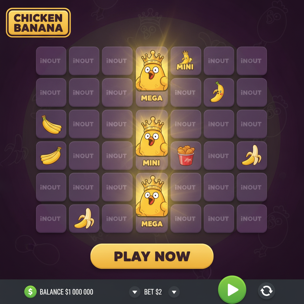 Chicken Banana slot con griglia 5x4 di carte scratch, simboli cartoon di pollo e banana, jackpot con corona dorata