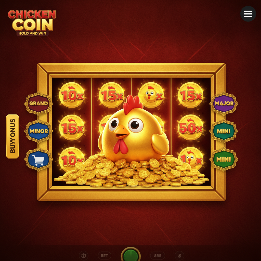 Chicken Coin Hold and Win slot con mascotte pollo dorato seduto su monete d'oro, simboli bonus collezionabili e jackpot colorati