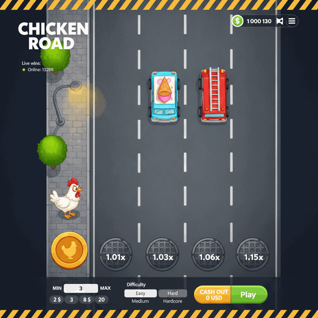 Chicken Road di InOut: gioco crash con pollo che attraversa strada a corsie multiple, moltiplicatori crescenti su tombini, interfaccia dashboard scura con indicatori ambrati e pulsanti di controllo scommessa