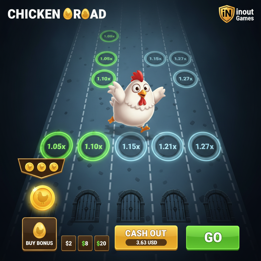 Chicken Road Bonus slot con pollo che attraversa corsie stradali, monete bonus dorate, moltiplicatori verdi luminosi e design a tema strada di InOut Games