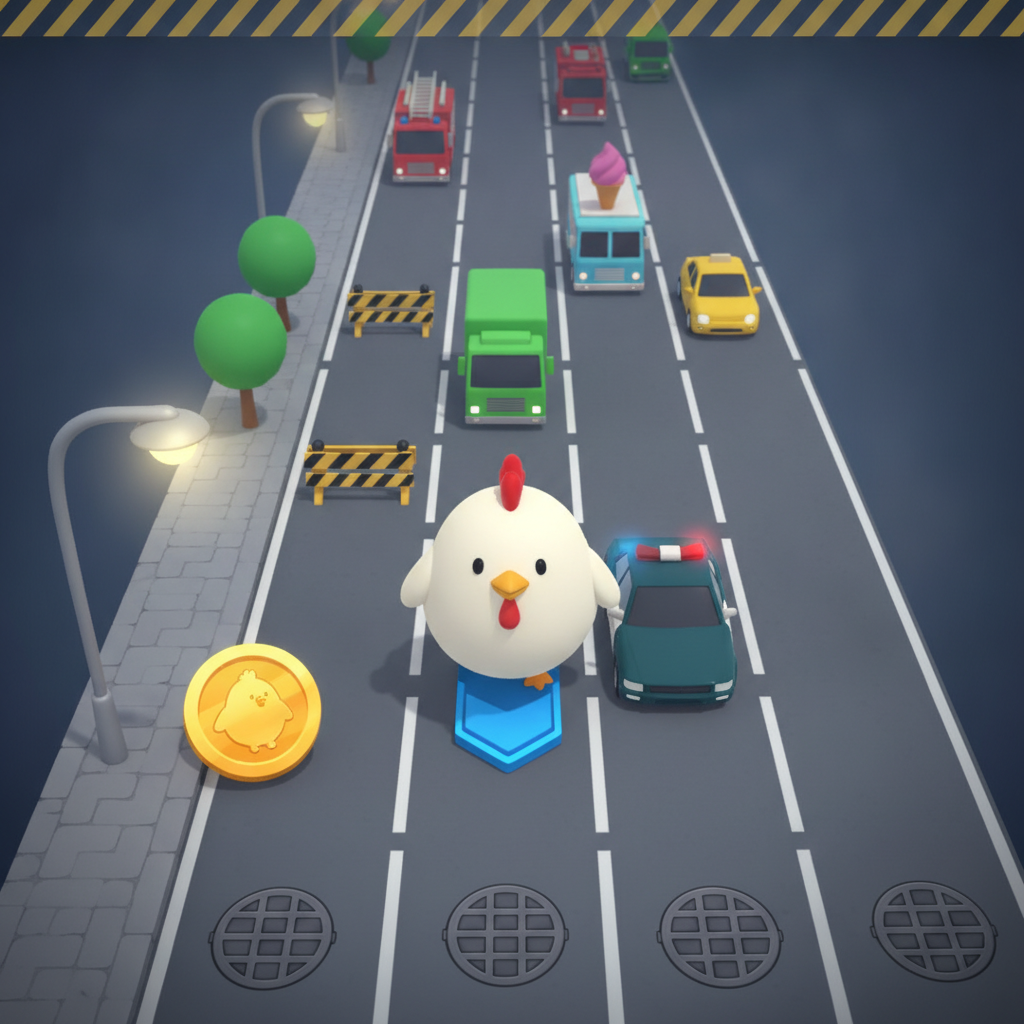 Chicken Road gioco crash con pollo cartoon che attraversa strada a corsie multiple evitando veicoli colorati come camion dei pompieri, auto della polizia e furgoni gelato