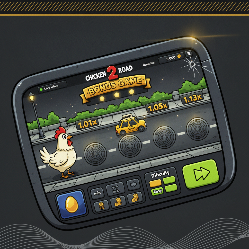 Chicken Road 2 Bonus slot con gallina cartone animato che attraversa strada pericolosa con auto e corsie moltiplicatori