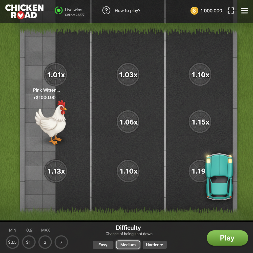 Chicken Road 2 slot con pollo bianco che attraversa 6 corsie stradali con moltiplicatori e auto turchesi