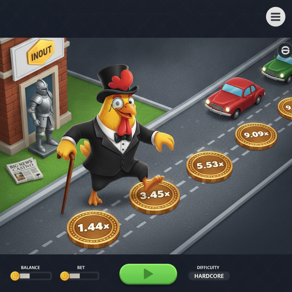 Chicken Road Gold: elegante pollo con cilindro e monocolo attraversa strada con automobili e moltiplicatori d'oro