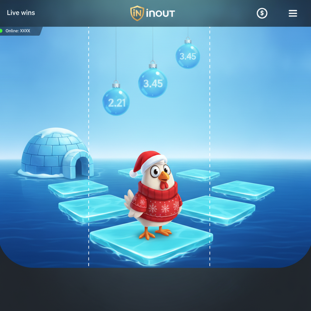 Chicken Road Ice slot con pollo natalizio su lastre di ghiaccio galleggianti, ornamenti moltiplicatori blu e oro, tema artico invernale