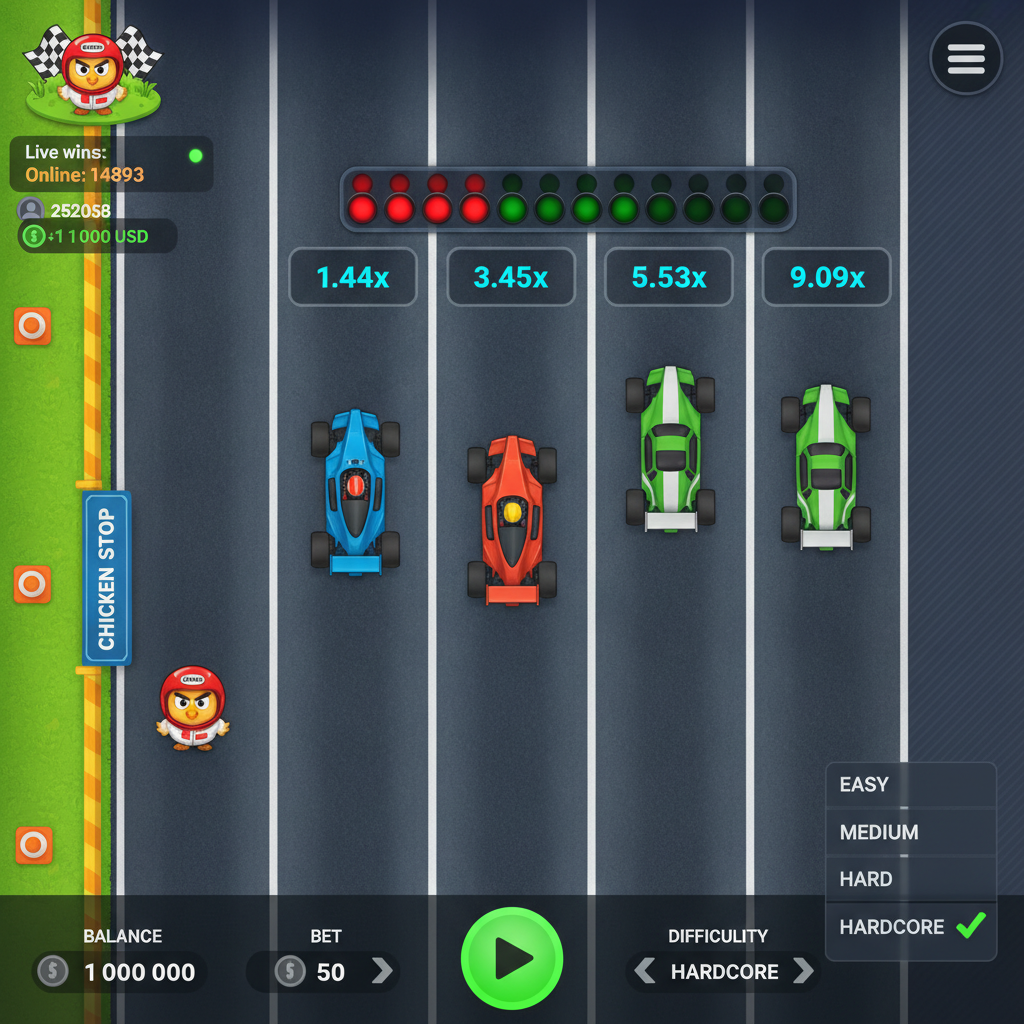 Chicken Road Race slot con pollo corridore su pista stradale a 5 corsie, semafori rossi e verdi, auto da corsa colorate e display moltiplicatori progressivi in ciano