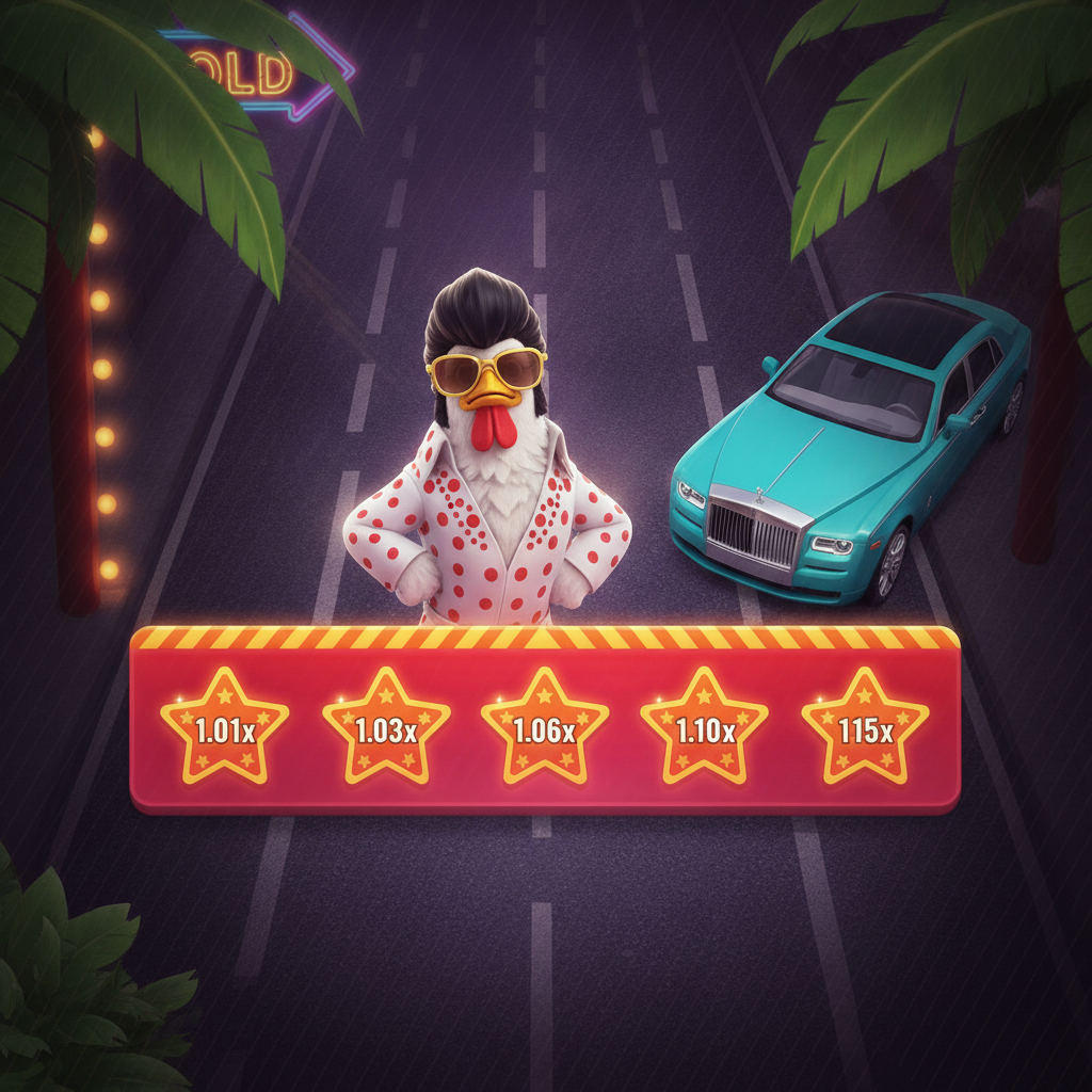 Chicken Road Vegas: pollo con costume Elvis attraversa strada Vegas evitando auto di lusso, moltiplicatori stelle arancioni, sfondo edifici viola con palme verdi
