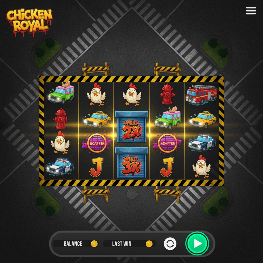 Chicken Royal slot con tema street art urbano, griglia 5x3 con simboli di pollo, taxi giallo, autopompa rossa e Wild moltiplicatori su sfondo stradale con graffiti