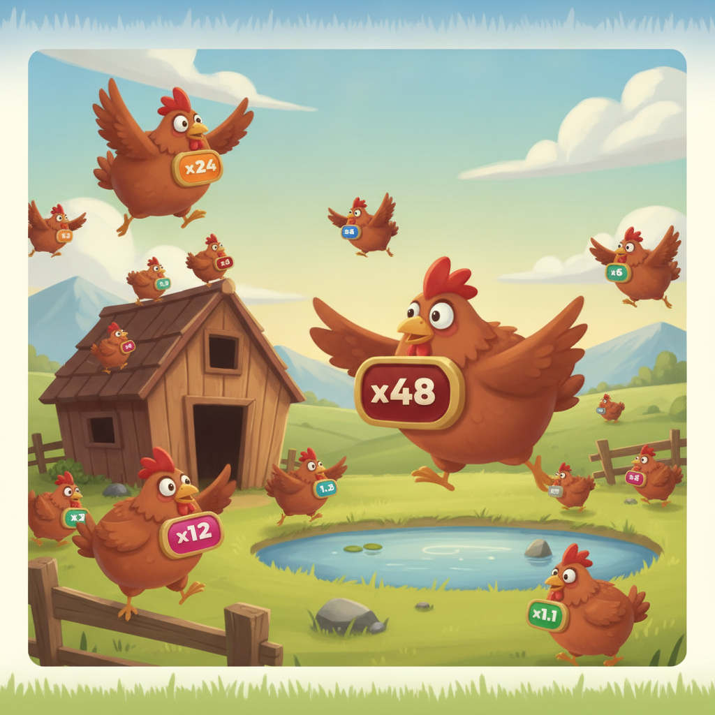 Chicken Shoot slot game ambientazione fattoria con polli cartoon che portano moltiplicatori x48, x24, x12 su sfondo campestre con cielo azzurro e prato verde